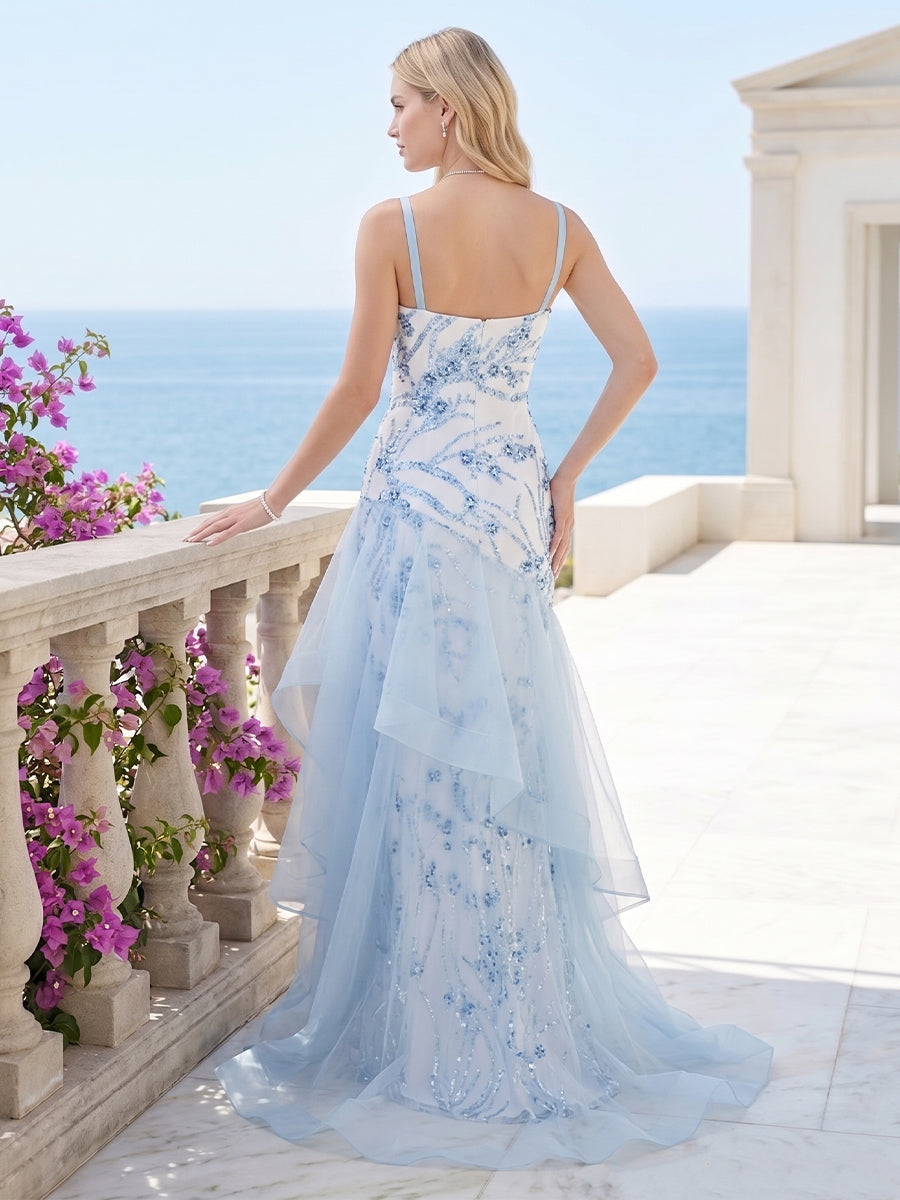 Trumpet/Mermaid Spaghetti Straps Sleeveless Floor-Length Formal Dresses With Applique & Sequins