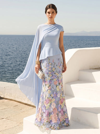 Sheath/Column Short Sleeves Crew Neck Floor-Length Formal Dresses With Cape & 3D Floral