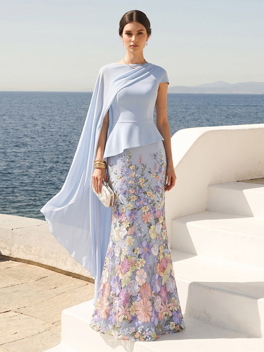 Sheath/Column Short Sleeves Crew Neck Floor-Length Formal Dresses With Cape & 3D Floral