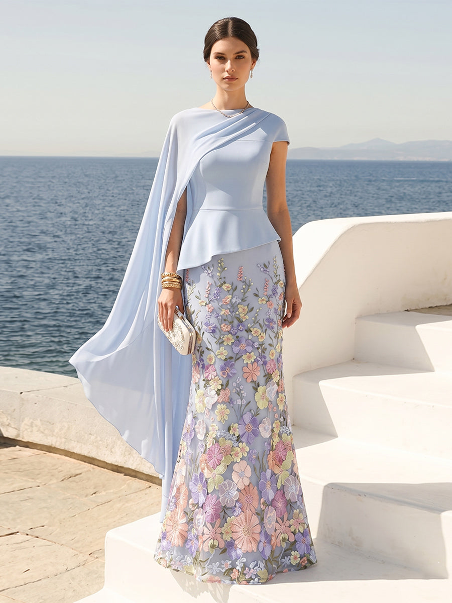 Sheath/Column Short Sleeves Crew Neck Floor-Length Formal Dresses With Cape & 3D Floral