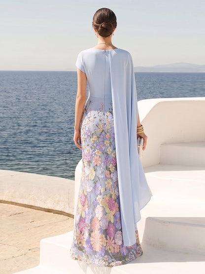 Sheath/Column Short Sleeves Crew Neck Floor-Length Formal Dresses With Cape & 3D Floral
