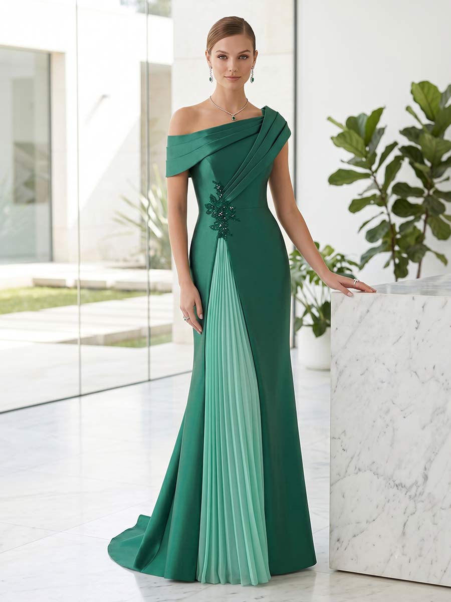 Trumpet/Mermaid One Shoulder Sleeveless Floor-Length Formal Dresses With Pleats & Appliques