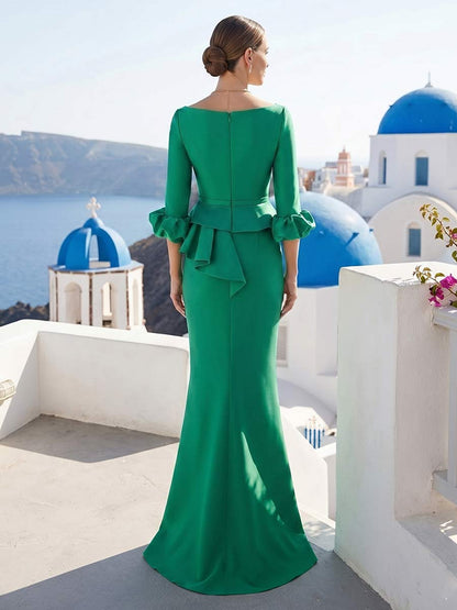 Trumpet/Mermaid Illusion Neck 3/4 Sleeves Floor-Length Formal Dresses With Ruffles