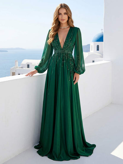 A-Line/Princess V-Neck Long Sleeves Floor-Length Formal Dresses With Ruched & Sequins