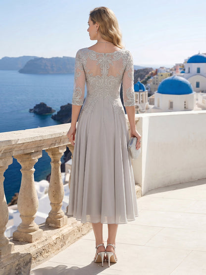 A-Line/Princess Scoop Half Sleeves Tea-Length Mother of the Bride Dresses with Applique & Pleats