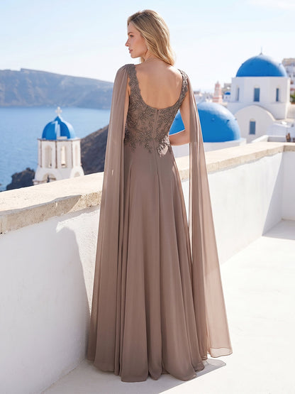 A-Line/Princess Cowl Neck Cape Sleeves Floor-Length Mother of the Bride Dresses with Sequins & Beading