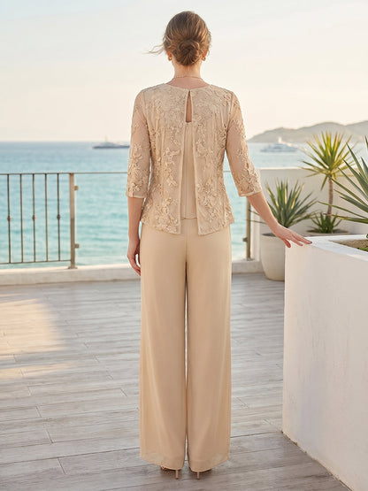 Jumpsuits V-Neck 3/4 Sleeves Floor-Length 2 Pieces Mother of the Bride with Lace & Applique