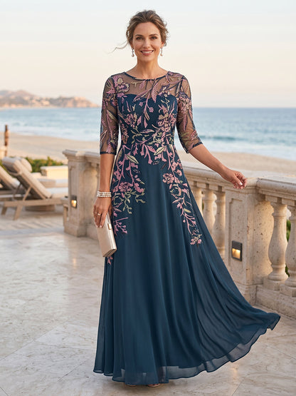 A-Line/Princess 3/4 Sleeves Crew Neck Floor-Length Mother of the Bride Dresses with Embroidery & Appliques