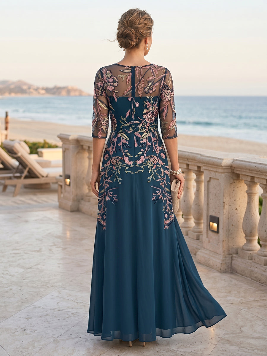 A-Line/Princess 3/4 Sleeves Crew Neck Floor-Length Mother of the Bride Dresses with Embroidery & Appliques