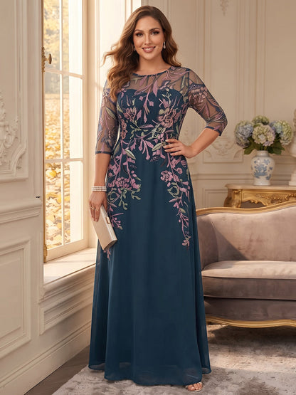 A-Line/Princess Crew Neck 3/4 Sleeves Chiffon Floor-Length Plus Size Mother of the Bride Dresses with Embroidery & Appliques
