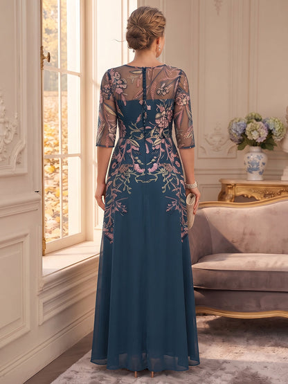 A-Line/Princess Crew Neck 3/4 Sleeves Chiffon Floor-Length Plus Size Mother of the Bride Dresses with Embroidery & Appliques