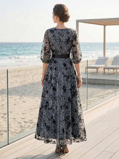 A-Line/Princess Scoop Half Sleeves Ankle-Length Mother of the Bride Dresses with Lace & Embroidery