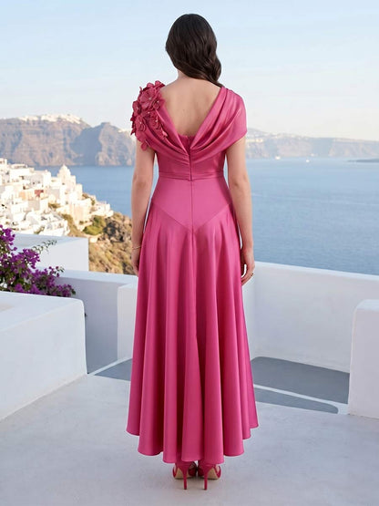 A-Line/Princess Scoop Short Sleeves Tea-Length Mother of the Bride Dresses with 3D Floral & Pleats