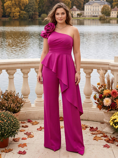 Jumpsuit 2 Pieces One-Shoulder Sleeveless Floor-Length Plus Size Mother of the Bride Dresses with Ruffles & 3D Floral