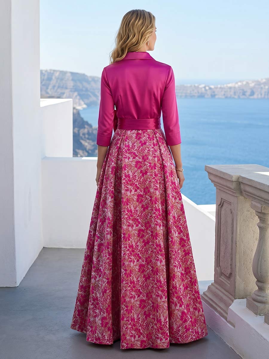 A-Line/Princess 3/4 Sleeves Shirt Collar Floor-Length Mother of the Bride Dresses with Bowknot & Floral