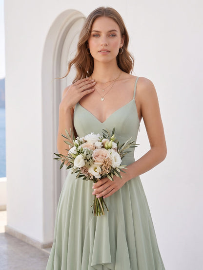 A-Line/Princess Spaghetti Straps Sleeveless Floor-Length Long Bridesmaid Dresses with Ruffles