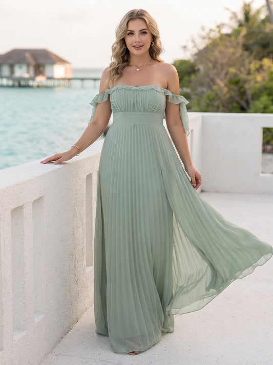 A-Line/Princess Off-the-Shoulder Floor-Length Plus Size Bridesmaid Dresses with Ruffles & Pleats