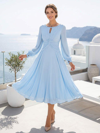 A-Line/Princess Long Sleeves Scoop Knee-Length Mother of the Bride Dresses with Ruched & Keyhole