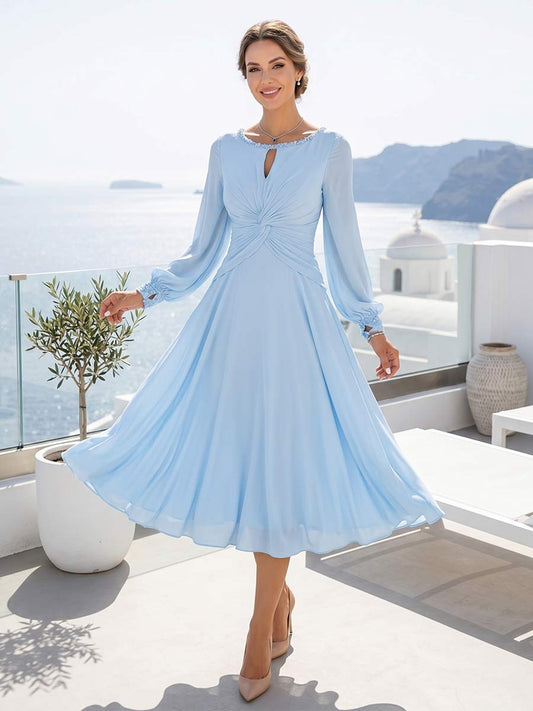 A-Line/Princess Long Sleeves Scoop Knee-Length Mother of the Bride Dresses with Ruched & Keyhole