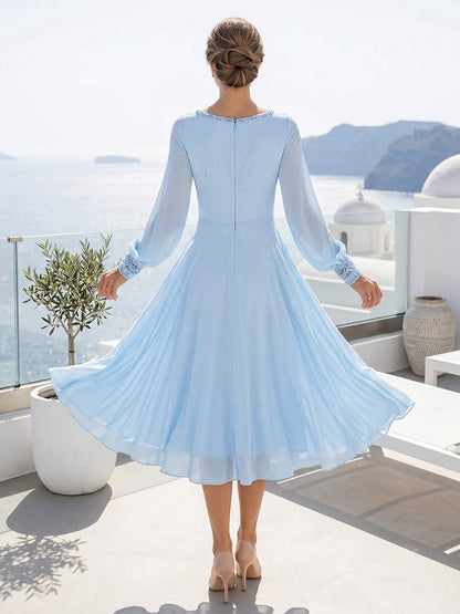 A-Line/Princess Long Sleeves Scoop Knee-Length Mother of the Bride Dresses with Ruched & Keyhole