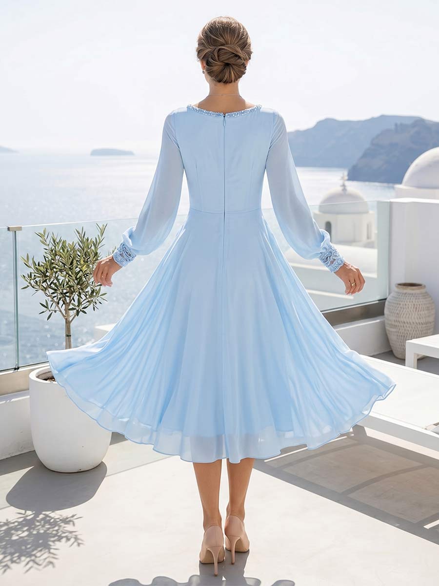 A-Line/Princess Long Sleeves Scoop Knee-Length Mother of the Bride Dresses with Ruched & Keyhole