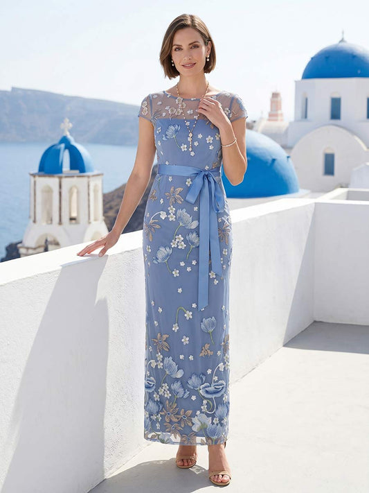 Sheath/Column Boat Neck Short Sleeves Ankle-Length Mother of the Bride Dresses with Embroidery & Bowknot