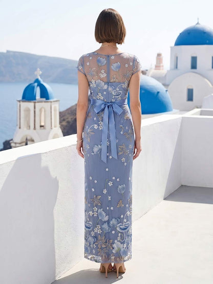 Sheath/Column Boat Neck Short Sleeves Ankle-Length Mother of the Bride Dresses with Embroidery & Bowknot