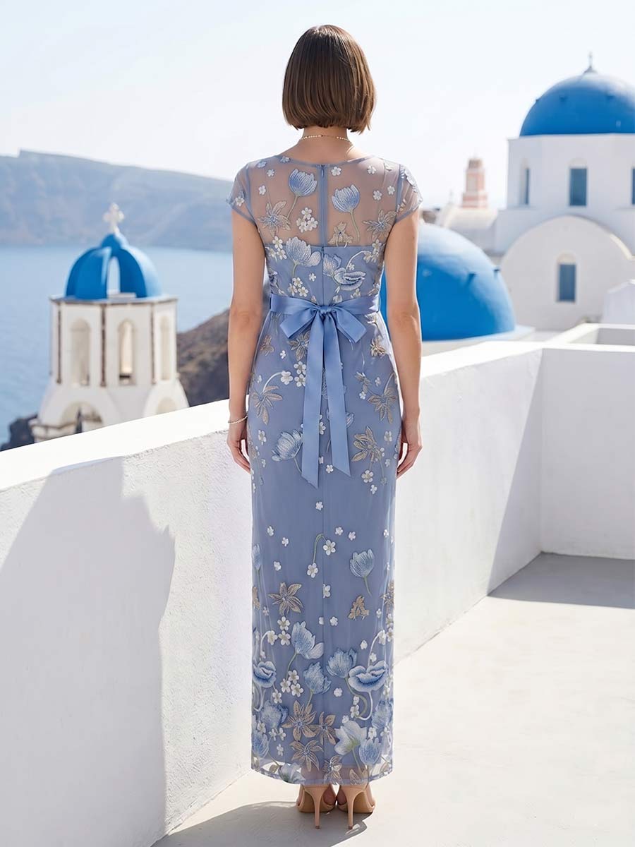 Sheath/Column Boat Neck Short Sleeves Ankle-Length Mother of the Bride Dresses with Embroidery & Bowknot