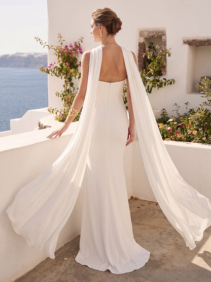 Sheath/Column Halter Sleeveless Floor-Length Formal Dresses with Keyhole & Scarf