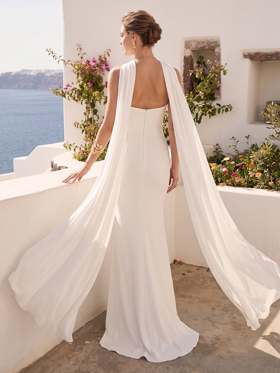 Sheath/Column Halter Sleeveless Floor-Length Formal Dresses with Keyhole & Scarf