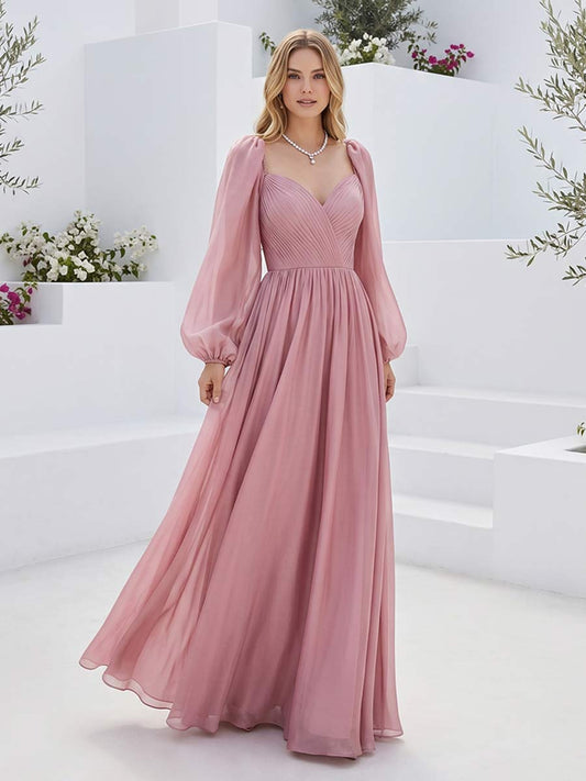A-Line/Princess Long Sleeves Sweetheart Floor Length Bridesmaid Dresses with Pleats & Ruched