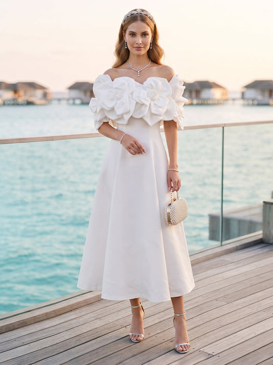 A-Line/Princess Off-the-Shoulder Sleeveless Ankle-Length Cocktail Dresses With 3D Floral & Pockets