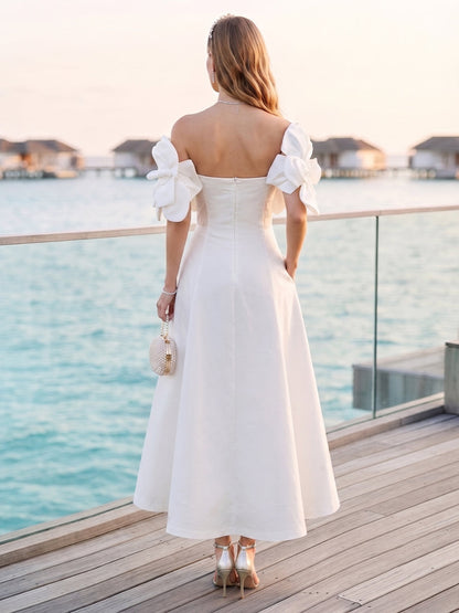 A-Line/Princess Off-the-Shoulder Sleeveless Ankle-Length Cocktail Dresses With 3D Floral & Pockets