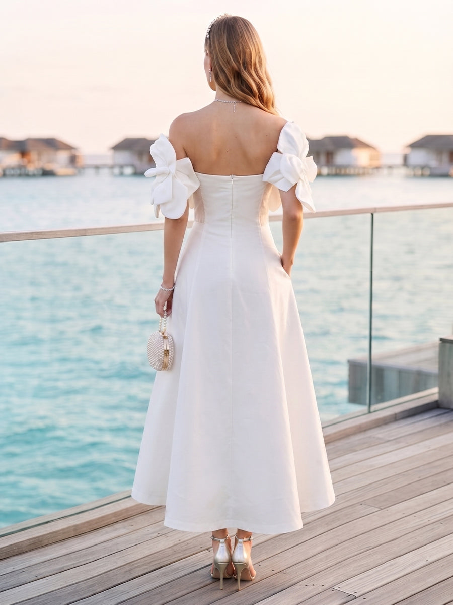 A-Line/Princess Off-the-Shoulder Sleeveless Ankle-Length Cocktail Dresses With 3D Floral & Pockets