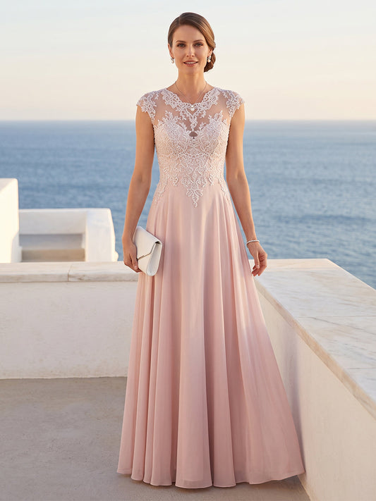 A-Line/Princess Scoop Short Sleeves Floor-Length Mother of the Bride Dresses with Lace & Applique