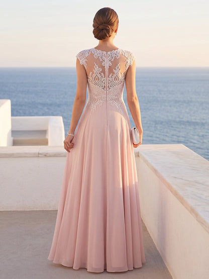 A-Line/Princess Scoop Short Sleeves Floor-Length Mother of the Bride Dresses with Lace & Applique