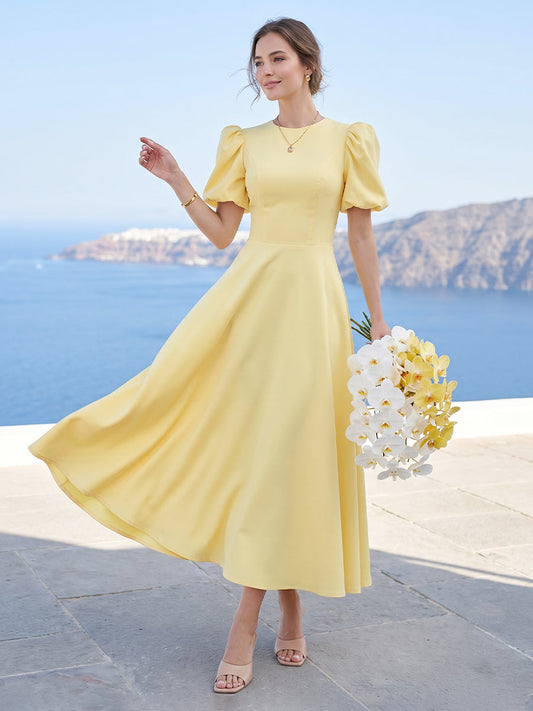 A-Line/Princess Scoop Puff Sleeves Tea-Length Long Bridesmaid Dresses with Ruched