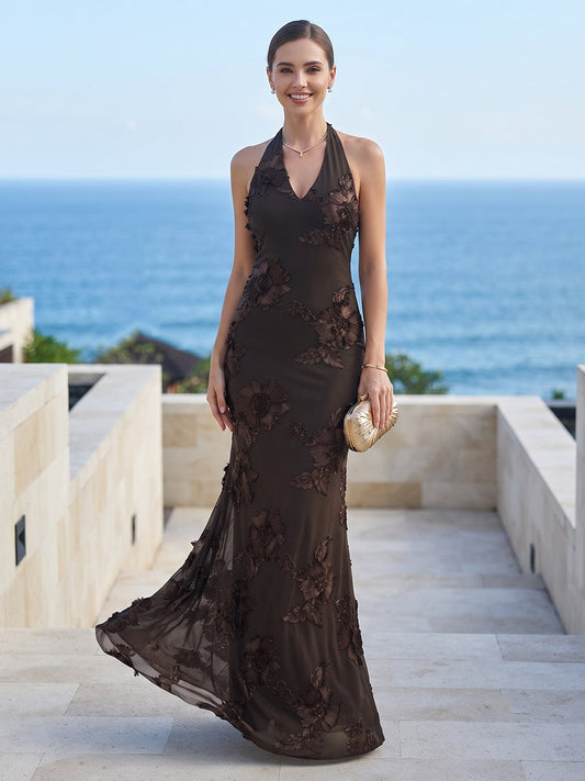 Sheath/Column Halter Sleeveless Floor-Length Bridesmaid Dresses with Ruched & Embroidery