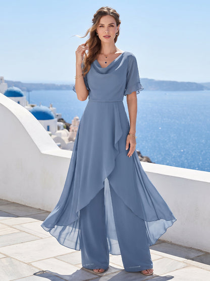 Chiffon Scoop Half Sleeves Floor-Length Pantsuits with Ruffles & Overskirt
