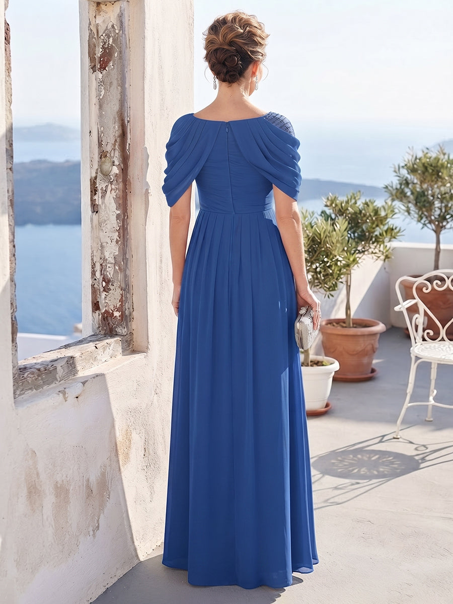 A-Line/Princess Scoop Cap Sleeves Floor-Length Mother of the Bride Dresses with Beading & Ruched