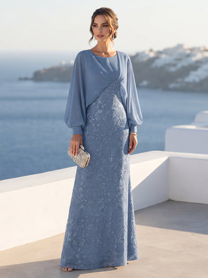 A-Line/Princess Long Sleeves Scoop Floor-Length Mother of the Bride Dresses with Sequins & Cape