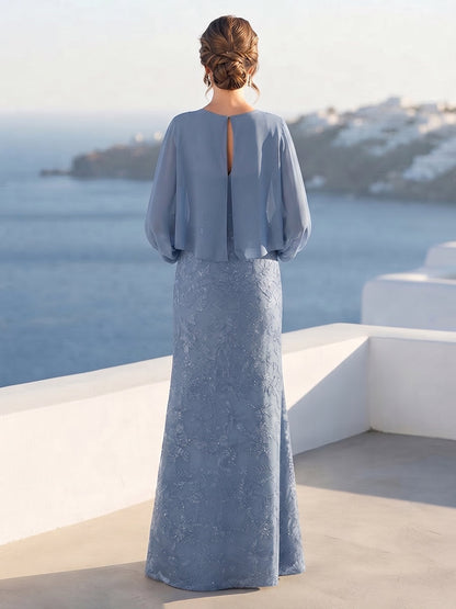 A-Line/Princess Long Sleeves Scoop Floor-Length Mother of the Bride Dresses with Sequins & Cape