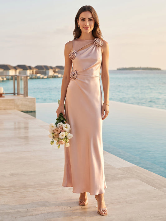 A-Line/Princess Scoop Sleeveless Ankle-Length Long Bridesmaid Dresses with Ruched & 3D Floral