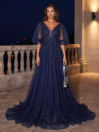 A-Line/Princess V-Neck Short Sleeves Floor-Length Evening Dresses with Beading & Lace