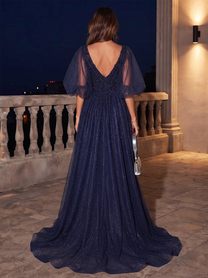 A-Line/Princess V-Neck Short Sleeves Floor-Length Evening Dresses with Beading & Lace