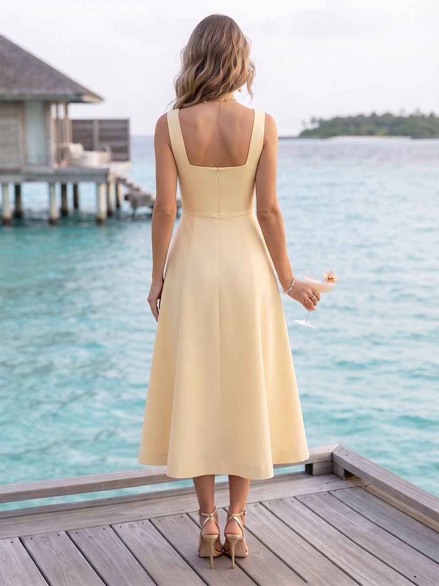 A-Line/Princess Square Neck Sleeveless Tea-Length Cocktail Dresses With Ruched & 3D Floral