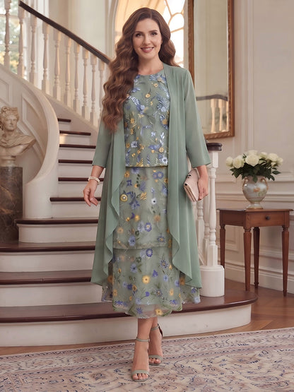 A-Line/Princess Scoop 3/4 Sleeves Chiffon Tea-Length Plus Size Mother of the Bride Dresses With Ruffles & Embroidery