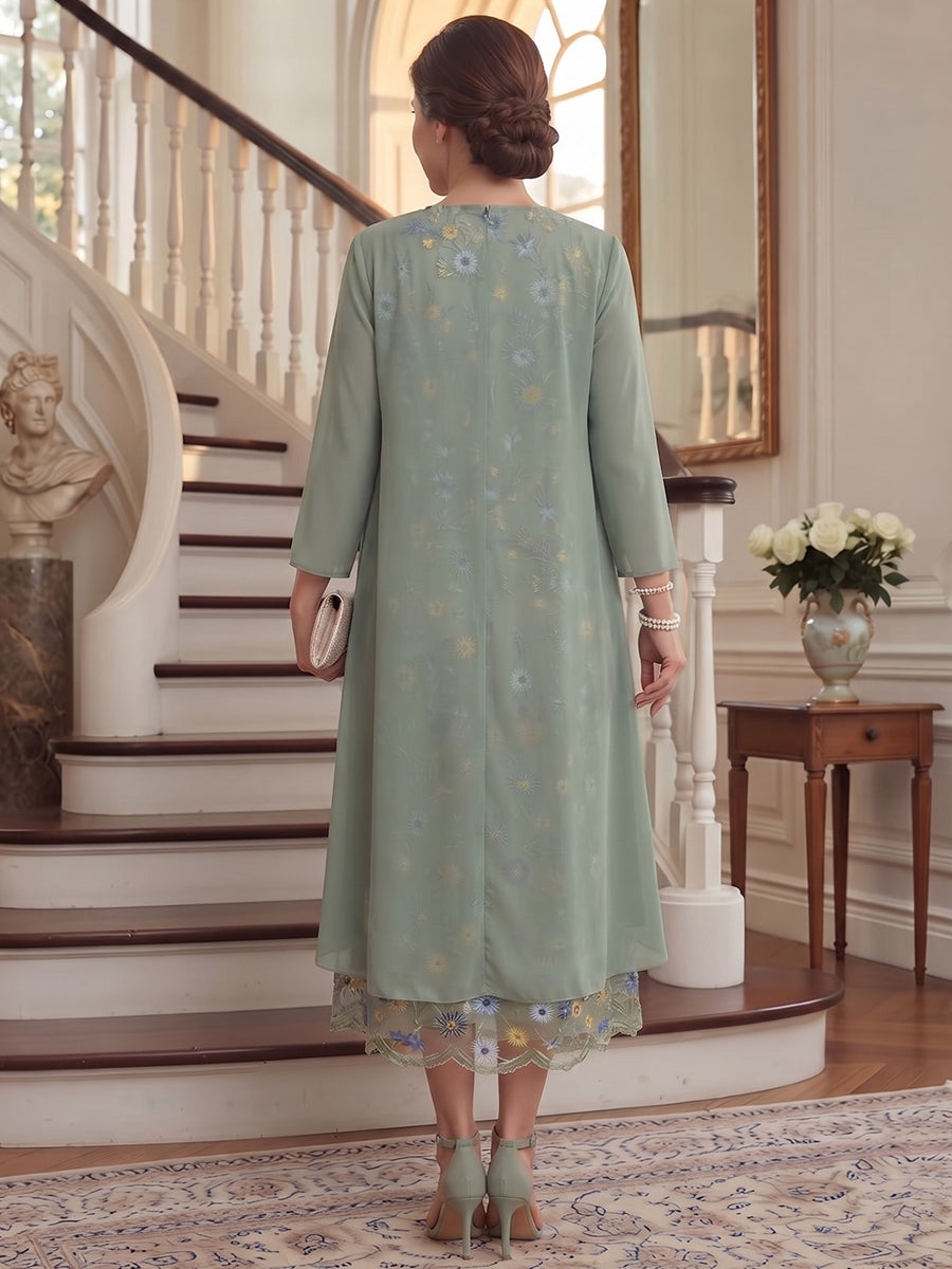 A-Line/Princess Scoop 3/4 Sleeves Chiffon Tea-Length Plus Size Mother of the Bride Dresses With Ruffles & Embroidery