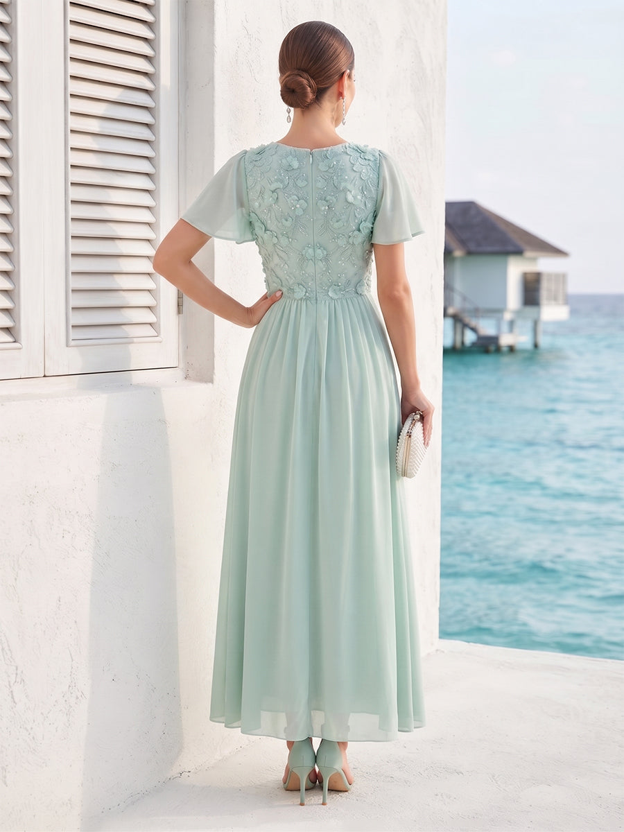A-Line/Princess Short Sleeves V Neck Floor-Length Mother of the Bride Dresses with 3D Floral & Embroidery