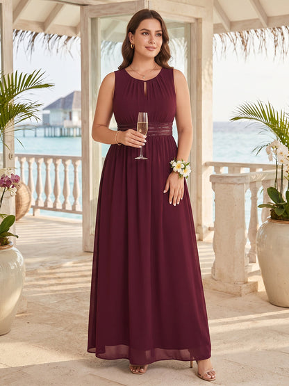 A-Line/Princess Scoop Sleeveless Floor-Length Plus Size Bridesmaid Dresses with  Pleated & Keyhole